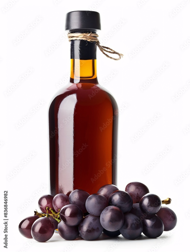 Obraz premium A flask containing vino vinegar and grapes, separated on a blank background.