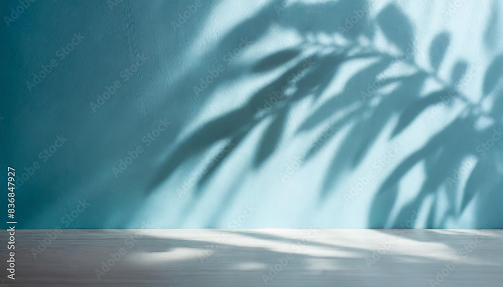 light background of shadows from plant leaves on a delicate light blue wall, minimalistic background for the presentation of your products, stock wallpaper image template light background of shadows from plant leaves on a delicate light blue wall, minimalistic background for the presentation of your products, stock wallpaper image template