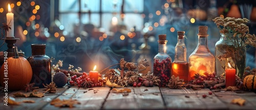 Potion ingredients spread on a table, Halloween twilight, close up, spooky, ethereal, fusion, enchanted kitchen backdrop