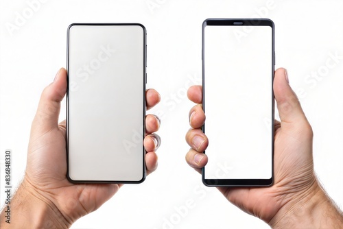 man holding smartphone with two blank screen mokup