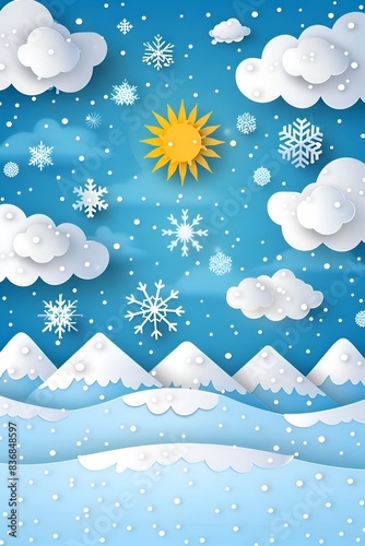 A paper snow scene with a sun in the sky. The sky is blue and there are clouds in the background. The mountains are covered in snow and the trees are bare