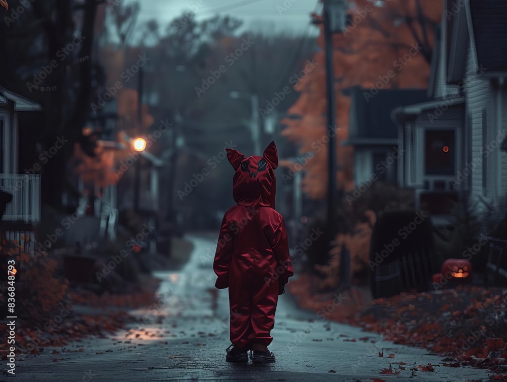 Rear view of a child in a detailed devil costume Rear view of a child in a detailed devil costume
