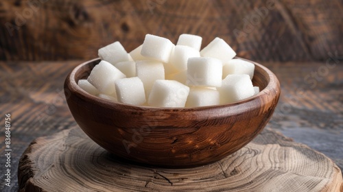 A wooden bowl filled with white sugar cubes on the table