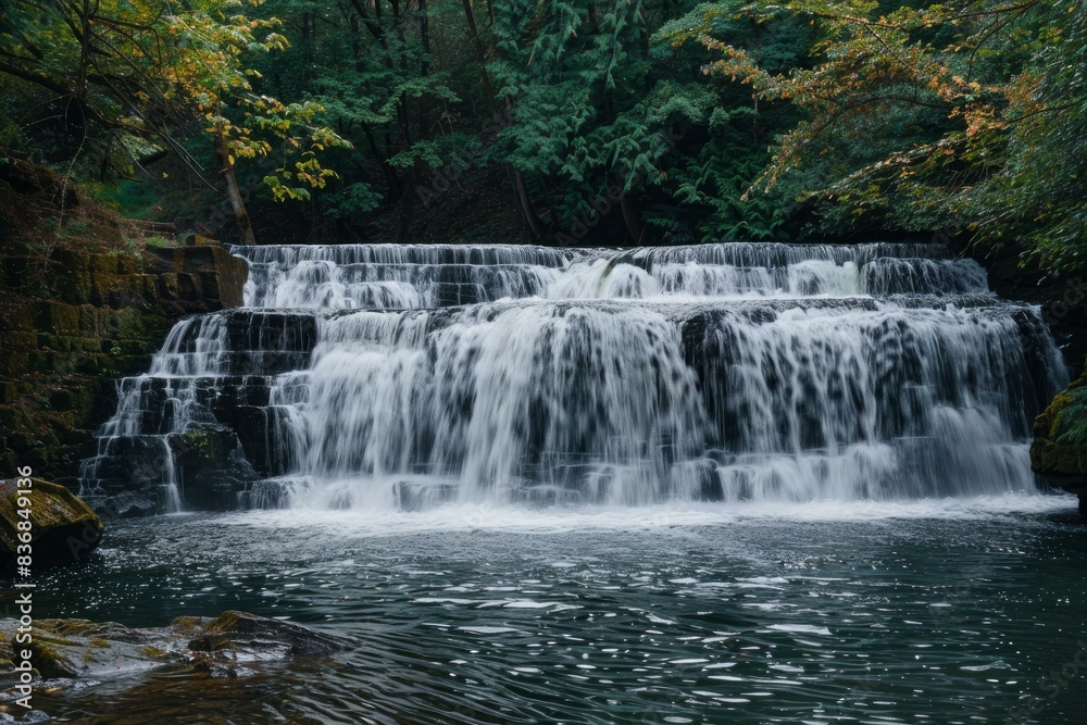 Fototapeta premium Tranquil multitiered waterfall amidst lush autumnal forest foliage