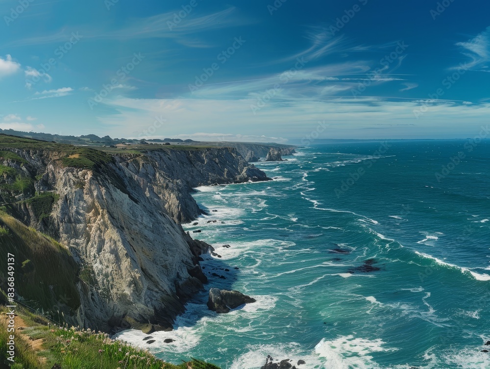 Obraz premium Serene Coastal Cliff Panorama with Crashing Waves and Text Space in Sky