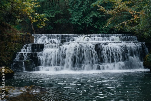 Tranquil multitiered waterfall amidst lush autumnal forest foliage