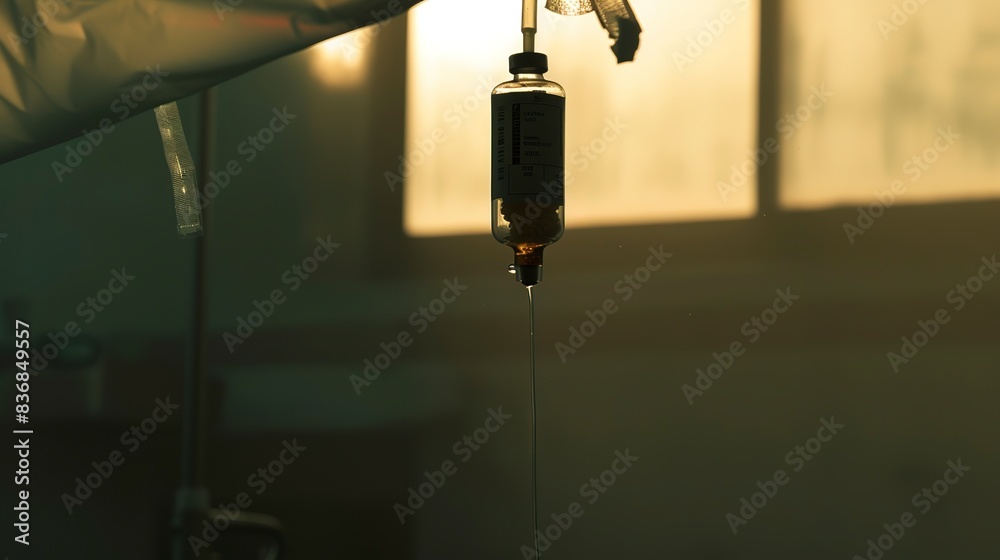 Close-up of an IV bag with medication label, foggy and empty, no humans, evening light Close-up of an IV bag with medication label, foggy and empty, no humans, evening light
