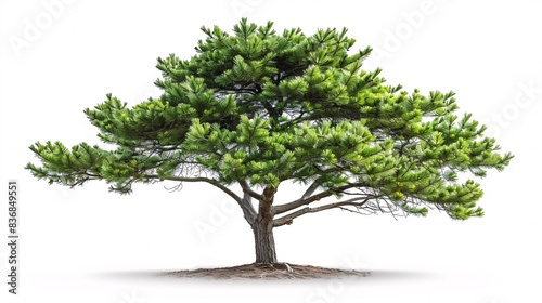 A solitary evergreen pine tree on a white backdrop  with clipping path included.