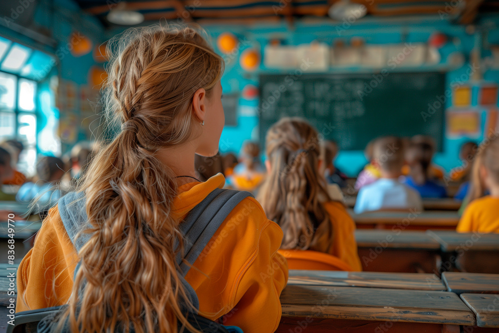 A girl with long hair sits in a classroom with other students A girl with long hair sits in a classroom with other students