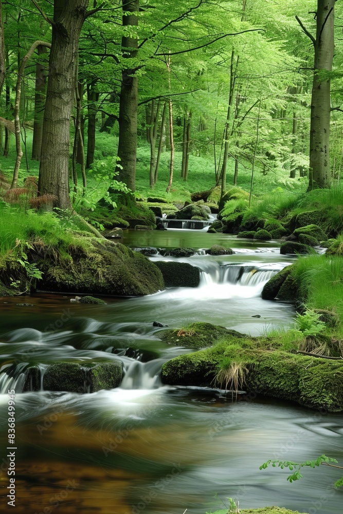 Serene Forest Stream: Peaceful Nature Landscape with Copy Space Above Serene Forest Stream: Peaceful Nature Landscape with Copy Space Above