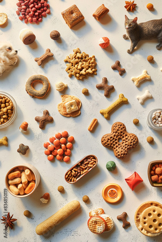 Assorted pet food and accessories in various shapes, arranged on a light isolated background