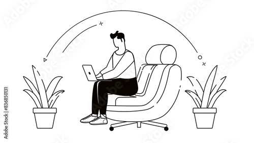 Man working at home with laptop black and white 2D cartoon character. Isolated vector outline of a man. Remote work monochrome flat spots illustration