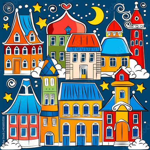 Vector illustration of fairy houses with moon, stars, and clouds. Line art design. Colorful. Outline