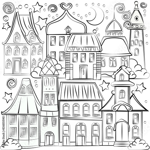 Vector illustration of fairy houses with moon, stars, and clouds. Line art design. Colorful. Outline