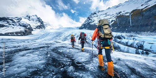 Explorers trekking on the glacial terrain of Falljokull in Iceland, equipped with safety gear.