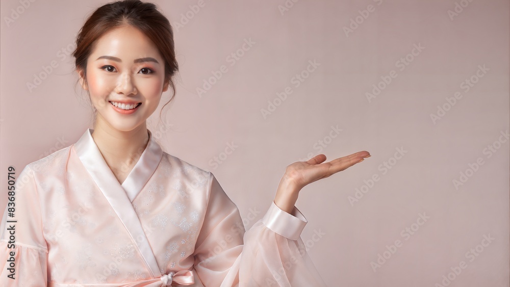 beautiful model girl wearing korea fashion smiling cheerful presenting  with palm of hand, shows blank space for your promotion, looking at the camera.