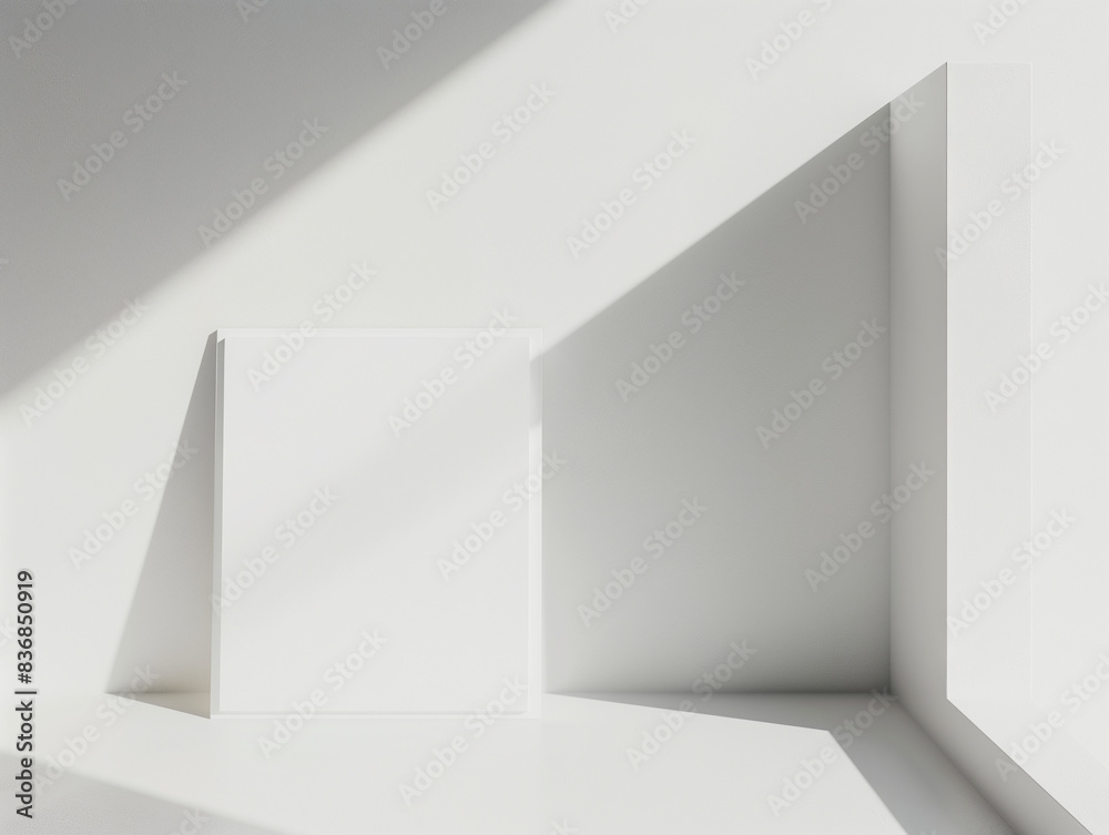 A geometric white minimalist decor setup with a square frame and natural light casting shadows The clean lines and simplicity offer a modern aesthetic A geometric white minimalist decor setup with a square frame and natural light casting shadows The clean lines and simplicity offer a modern aesthetic