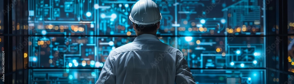 Back view of an engineer wearing a white hard hat, engaged with virtual blueprints of complex machinery, urban night setting Back view of an engineer wearing a white hard hat, engaged with virtual blueprints of complex machinery, urban night setting