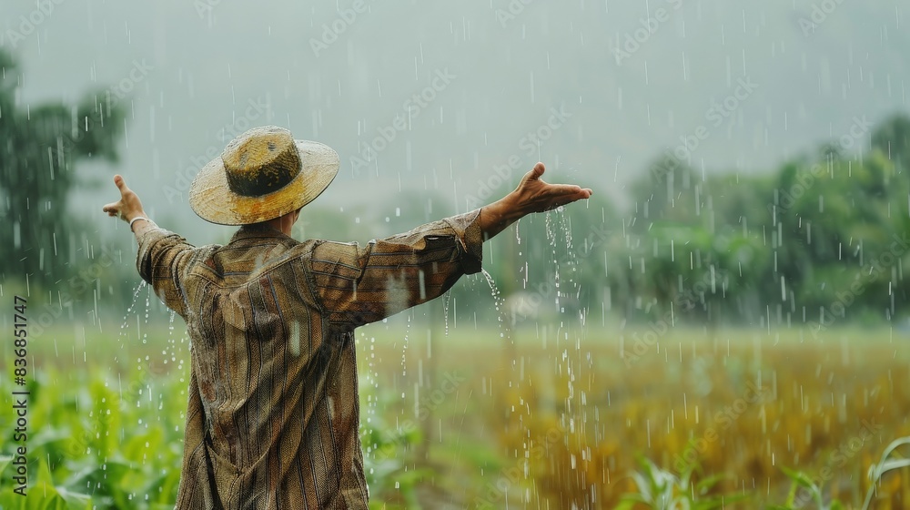 Farmers While Raining Farmer in the fields, arms open, embracing the rain vital to crops ...