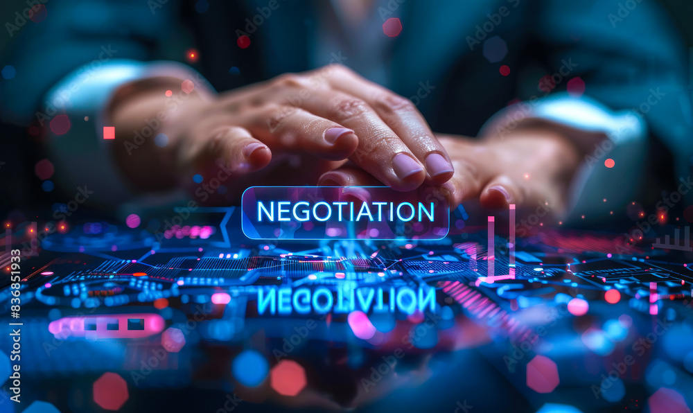Business Executive Projecting Virtual Negotiation Icon Signifying the Importance of Communication and Agreement in Deal-Making Business Executive Projecting Virtual Negotiation Icon Signifying the Importance of Communication and Agreement in Deal-Making