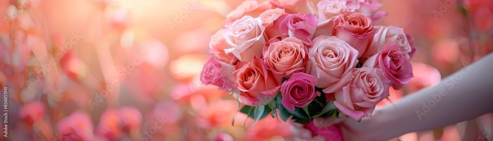 Charming bouquet of roses in varying shades of pink, captured with a dreamy background, expressing tender emotions Charming bouquet of roses in varying shades of pink, captured with a dreamy background, expressing tender emotions