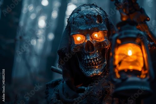 Skeleton with glowing eyes holding a lantern, Halloween night, close up, eerie, realistic, double exposure, dark forest backdrop