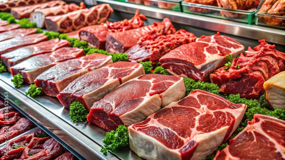 Fresh raw red meat cuts on display in supermarket meat counter, including angus, T-bone, ribeye, striploin, and tomahawk steaks