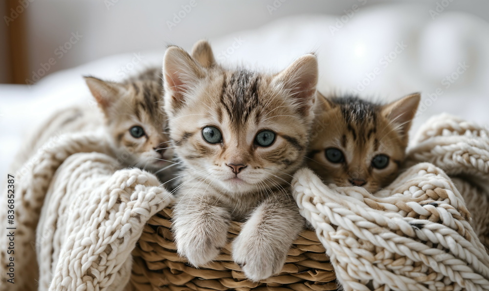 Adorable Kittens in Basket with Cozy Blanket, ideal for pet photography, nursery decor, greeting cards, and animal-themed advertisements