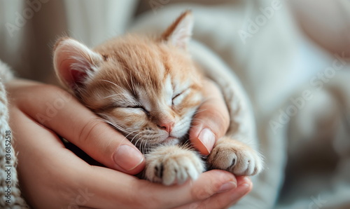 Adorable Sleeping Kitten in Gentle Human Hands, perfect for pet care, animal adoption, greeting card, family love, wallpaper, poster