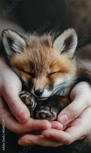 Adorable Sleeping Fox Cub in Gentle Human Hands, warm tones, setting for product display, greeting card, wallpaper, poster 