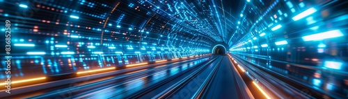 Exploring a digital space tunnel, illuminated by brilliant blue lights, depicting fastpaced technological advancement photo