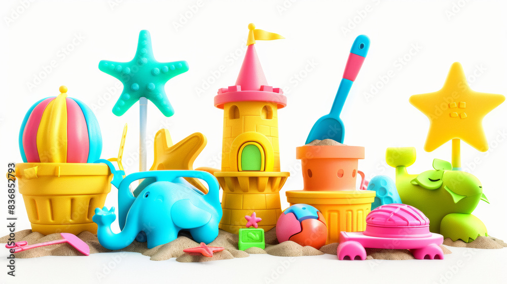 Fototapeta premium Kids Beach Sand Toys Set characters, Sand castle building tools, kids' toys, isolated on white background 