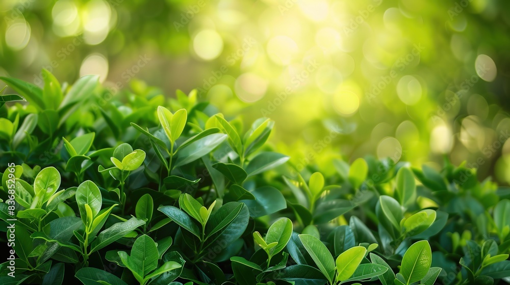 Lush green foliage bathed in soft sunlight, creating a serene atmosphere. Lush green foliage bathed in soft sunlight, creating a serene atmosphere.