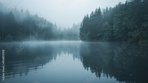 A misty morning over a tranquil lake surrounded by dense trees.