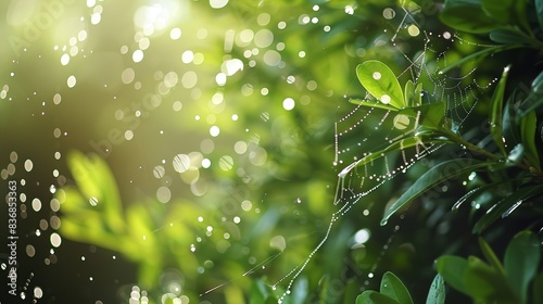 A close-up of dewdrops on delicate spiderwebs among lush vegetation.