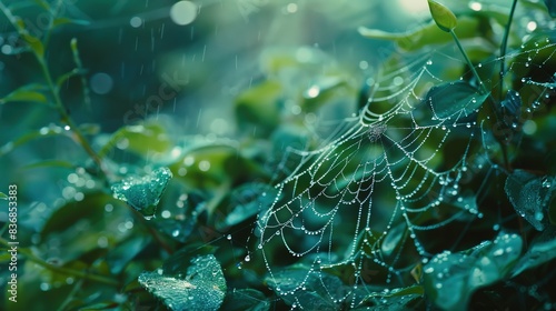 A close-up of dewdrops on delicate spiderwebs among lush vegetation.