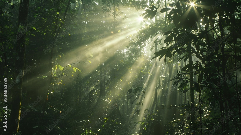 Fototapeta premium Sunbeams filtering through dense forest canopy, illuminating the forest floor. 