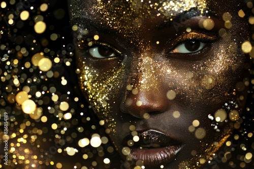 Closeup of a woman s face with golden glitter makeup  surrounded by soft bokeh lights