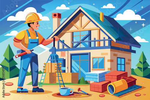 A construction site of a two-story house with many windows. An architect in a yellow helmet and orange vest stands in front of it, holding a blueprint. next to him is a scaffolding attached to the hou