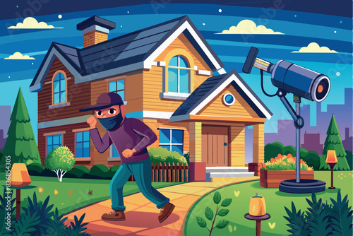 a thief with a crowbar near the house at night. The man is wearing a hat, mask and gloves, he is trying to break into the house. safety and security atmosphere