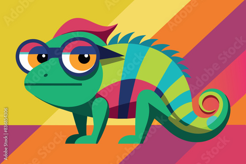 a chameleon wearing glasses on a background divided into several colored sections, creating a kaleidoscopic effect. It is depicted with large eyes and a spiraling tail.