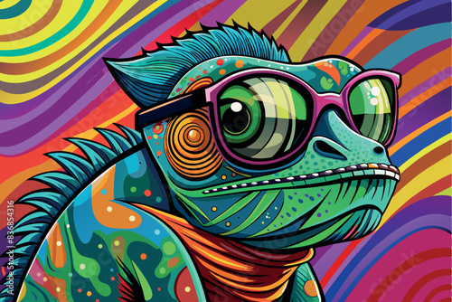 a chameleon wearing glasses on a background divided into several colored sections, creating a kaleidoscopic effect. It is depicted with large eyes and a spiraling tail.