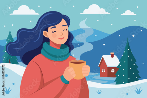 A girl is holding a mug of hot tea. She is wearing a red sweater and a blue scarf. Behind her is a snowy landscape with hills, pine trees and a lonely house with smoke coming from its chimney. In the 