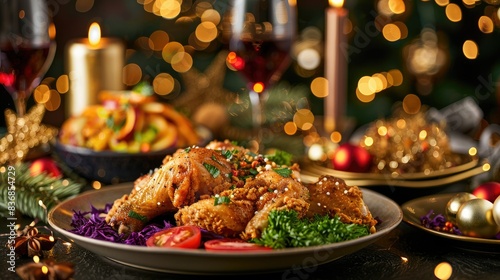 A plate of crispy golden chicken and colorful sides on a table, dark backdrop with sparkling light effects