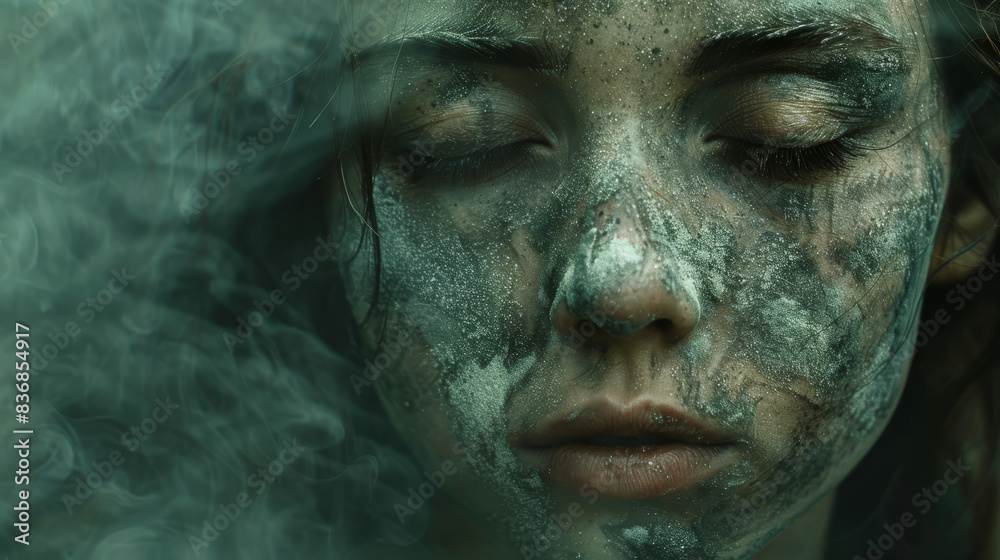 A close-up of a serene face covered in ash and soot, eyes gently closed in deep contemplation. Swirling smoke surrounds. A close-up of a serene face covered in ash and soot, eyes gently closed in deep contemplation. Swirling smoke surrounds.