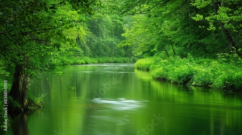 A calm river winding through a serene woodland  surrounded by lush greenery.