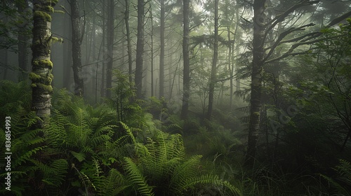 A foggy morning in the forest  with mist enveloping tall trees and ferns.