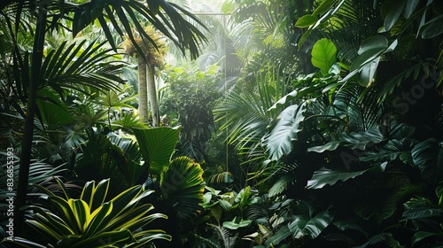 A lush tropical jungle with dense foliage and exotic plants. 