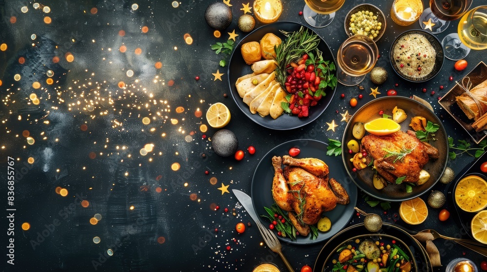 A table with golden crispy chicken and vibrant sides on a dark backdrop, illuminated with sparkling light A table with golden crispy chicken and vibrant sides on a dark backdrop, illuminated with sparkling light