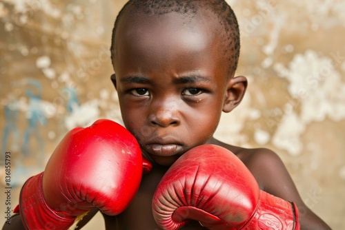 Confident young child boxer in red gloves poses with determination and ambition during serious training for combat sport, showing strength, resilience, and focus